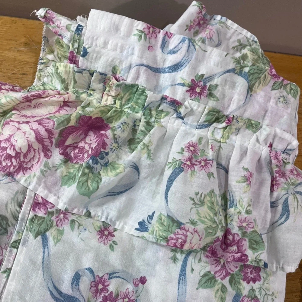 Vtg Floral Rose Ribbon Ruffle Curtain Panels Set 2 42x84 Tie Backs Cottagecore